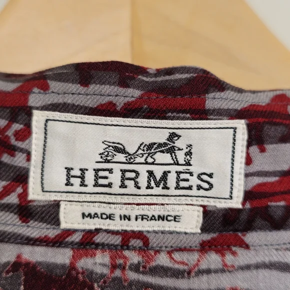 Hermes gray red horse pattern mens fall winter shirts wool silk. - Picture 10 of 14